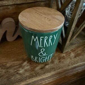Merry & Bright Chubby Green Holiday Canister with Wooden Lid NWT!